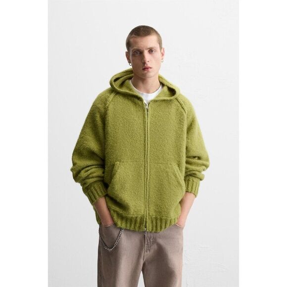 Zara Mens Sweater Size L-XL Green Knit Hooded Full Zip Cardigan 3166/404 NWT - Picture 1 of 16